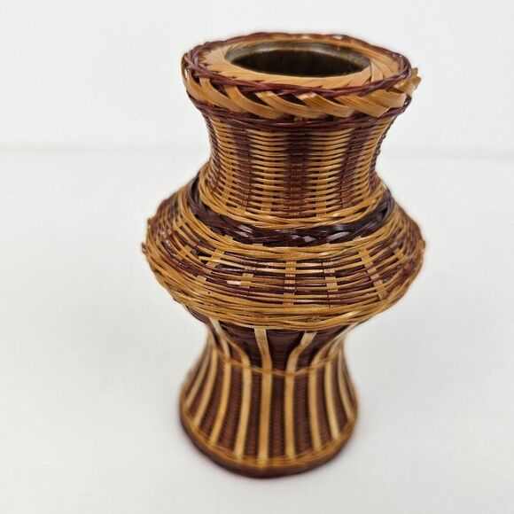 Shanghai Handicrafts Miniature Vase Woven Wicker Rattan Bamboo Basket Vtg Label - Picture 4 of 9
